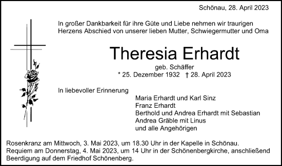 Traueranzeige von Theresia Erhardt