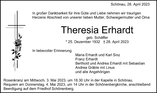 Traueranzeige von Theresia Erhardt von Schwäbische Post