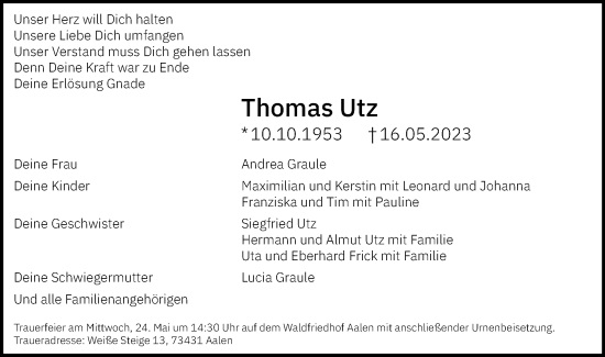 Traueranzeige von Thomas Utz von Schwäbische Post