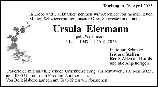 Traueranzeige von Ursula Eiermann von Gmünder Tagespost