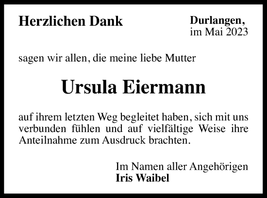 Traueranzeige von Ursula Eiermann von Gmünder Tagespost