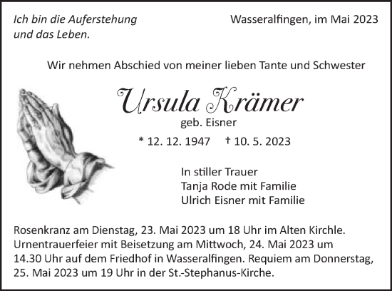 Traueranzeige von Ursula Krämer von Schwäbische Post