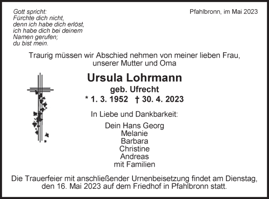 Traueranzeige von Ursula Lohrmann von Gmünder Tagespost