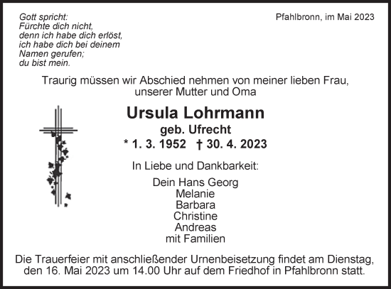 Traueranzeige von Ursula Lohrmann von Gmünder Tagespost