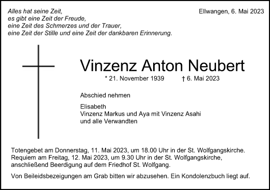 Traueranzeige von Vinzenz Anton Neubert von Schwäbische Post