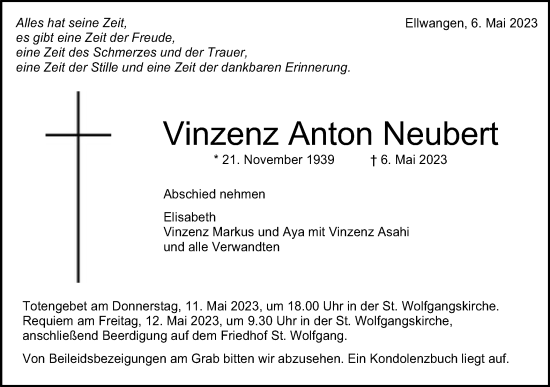 Traueranzeige von Vinzenz Anton Neubert