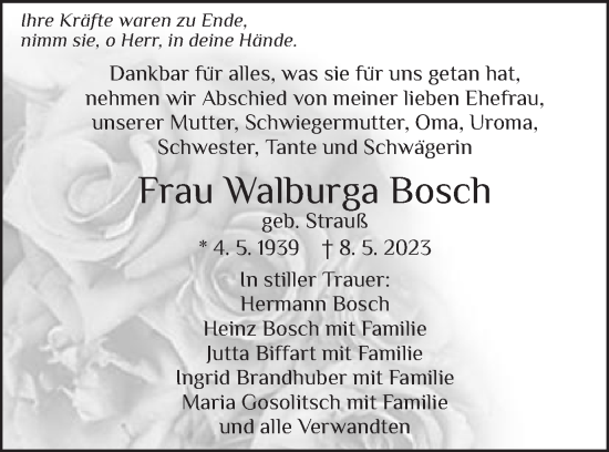Traueranzeige von Walburga Bosch von Schwäbische Post