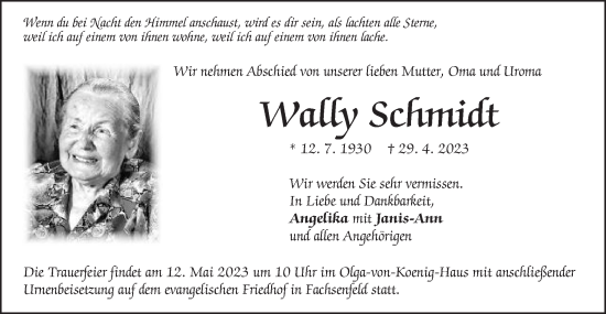 Traueranzeige von Wally Schmidt von Schwäbische Post