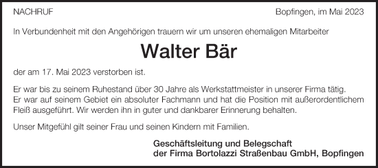 Traueranzeige von Walter Bär von Schwäbische Post