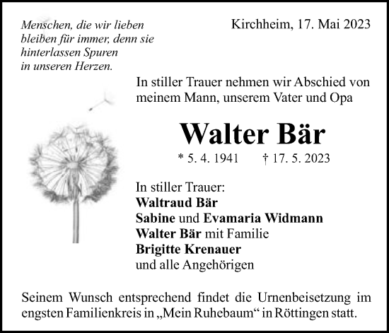 Traueranzeige von Walter Bär von Schwäbische Post