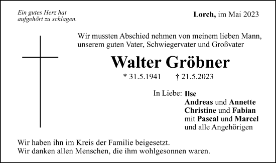 Traueranzeige von Walter Gröbner von Gmünder Tagespost