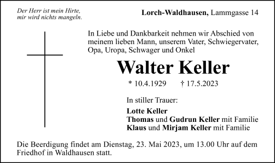 Traueranzeige von Walter Keller von Gmünder Tagespost