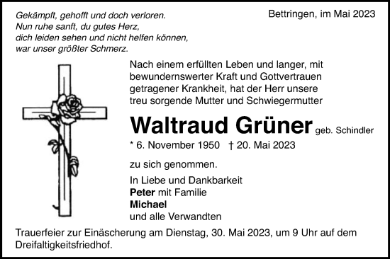 Traueranzeige von Waltraud Grüner von Gmünder Tagespost