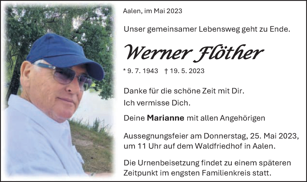  Traueranzeige für Werner Flöther vom 23.05.2023 aus Schwäbische Post