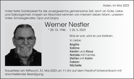 Traueranzeige von Werner Nestler von Schwäbische Post