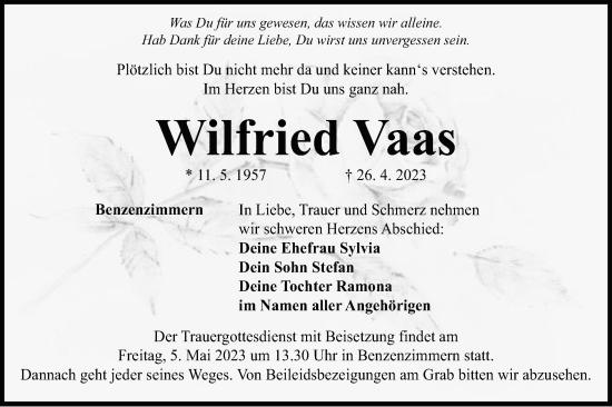Traueranzeige von Wilfried Vaas von Schwäbische Post