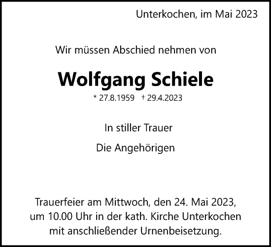 Traueranzeige von Wolfgang Schiele von Schwäbische Post