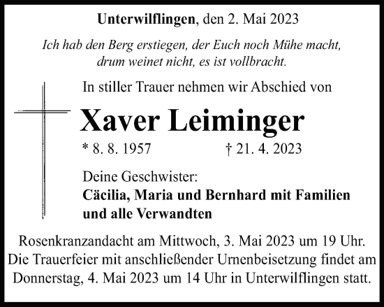 Traueranzeige von Xaver Leiminger von Schwäbische Post