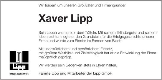 Traueranzeige von Xaver Lipp von Schwäbische Post