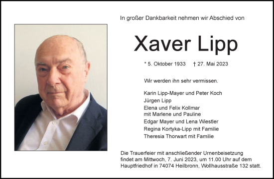 Traueranzeige von Xaver Lipp von Schwäbische Post
