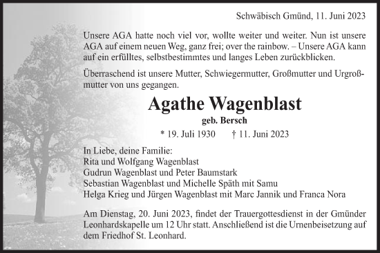 Traueranzeige von Agathe Wagenblast  von Gmünder Tagespost