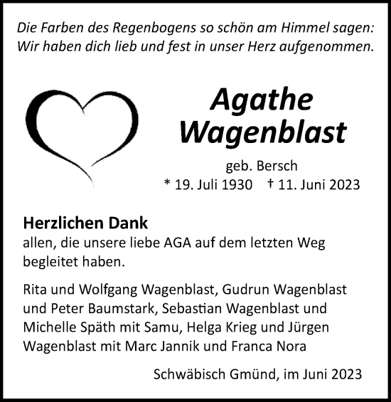 Traueranzeige von Agathe Wagenblast  von Gmünder Tagespost