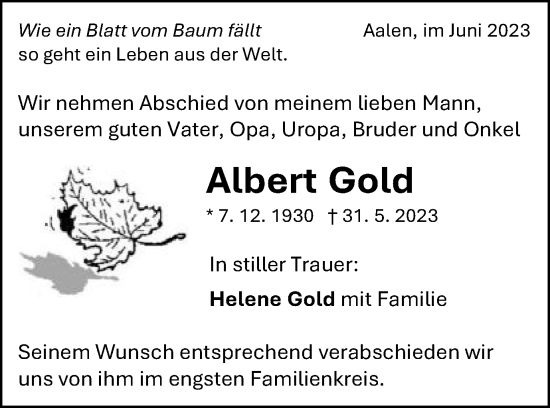 Traueranzeige von Albert Gold von Schwäbische Post