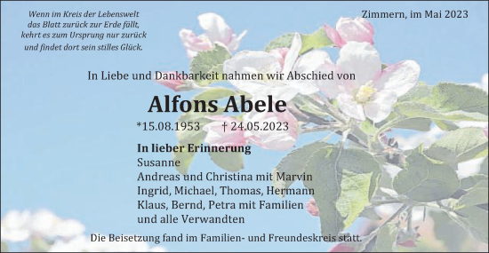 Traueranzeige von Alfons Abele von Gmünder Tagespost