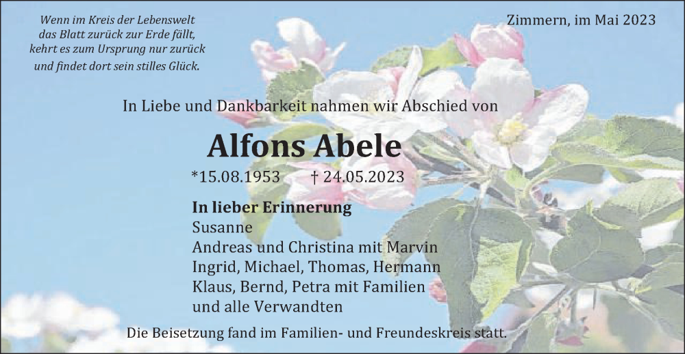  Traueranzeige für Alfons Abele vom 10.06.2023 aus Gmünder Tagespost