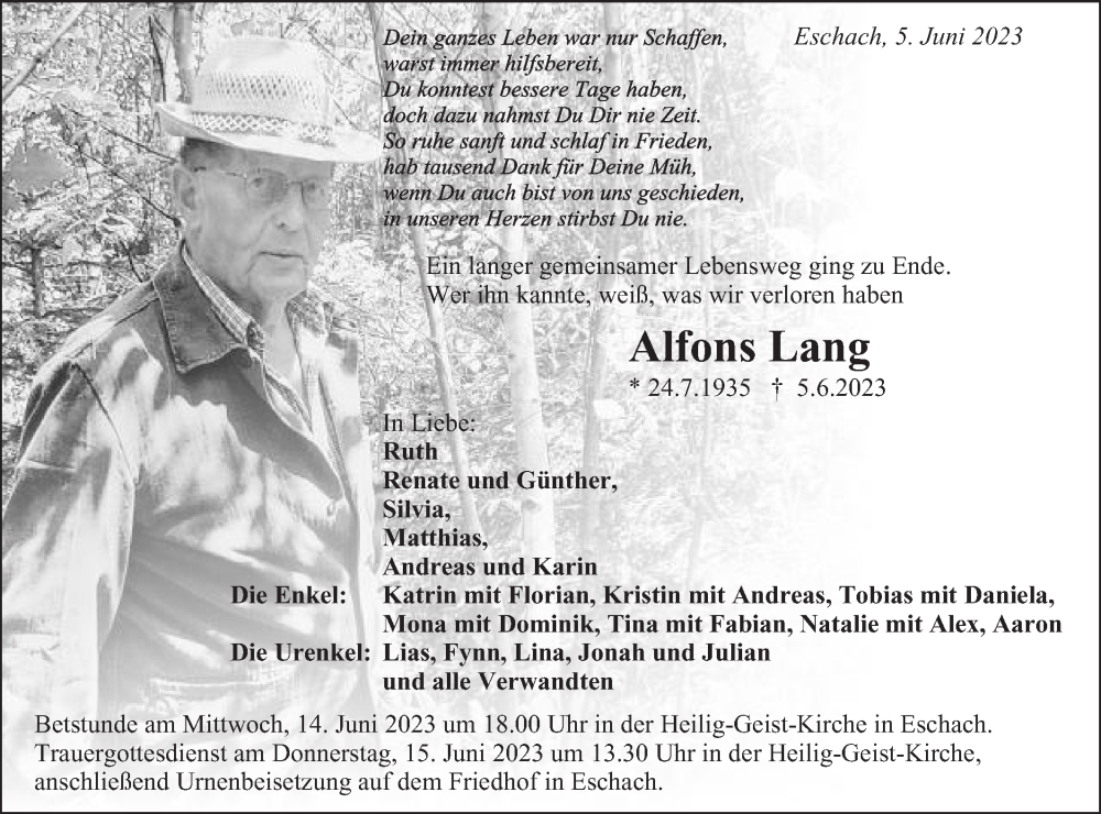  Traueranzeige für Alfons Lang vom 12.06.2023 aus Gmünder Tagespost