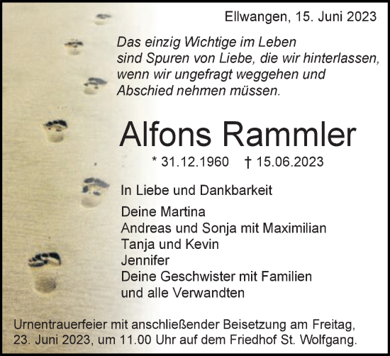 Traueranzeige von Alfons Rammler von Schwäbische Post