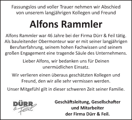 Traueranzeige von Alfons Rammler von Schwäbische Post