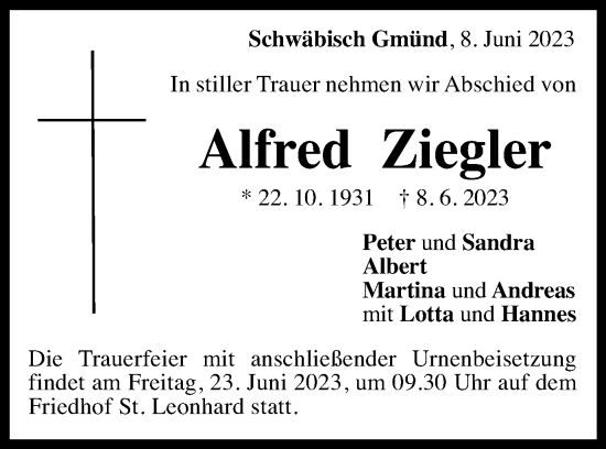 Traueranzeige von Alfred Ziegler von Gmünder Tagespost