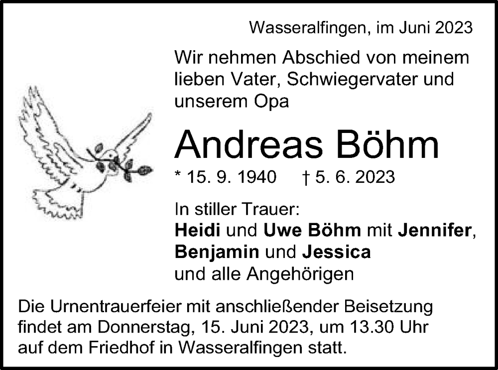  Traueranzeige für Andreas Böhm vom 12.06.2023 aus Schwäbische Post