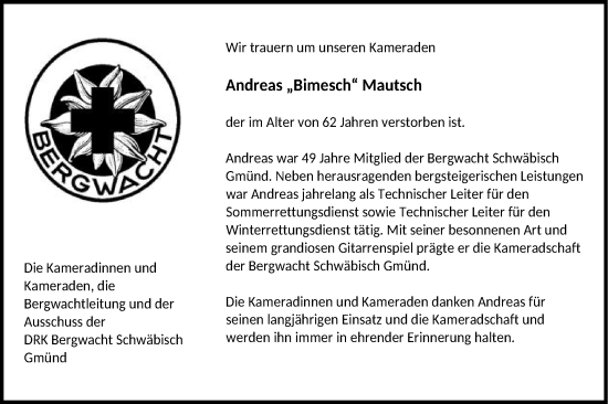 Traueranzeige von Andreas Mautsch von Gmünder Tagespost