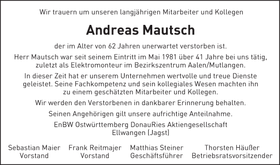 Traueranzeige von Andreas Mautsch von Gmünder Tagespost