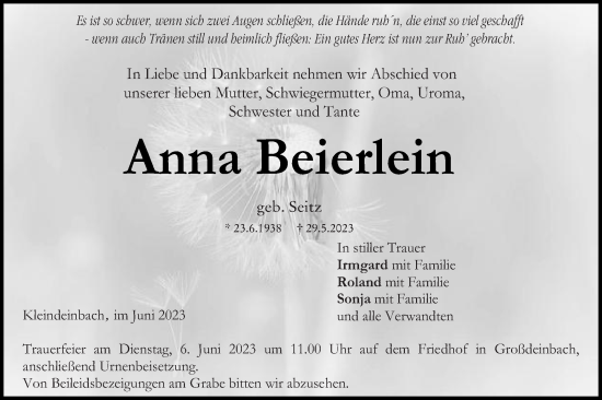 Traueranzeige von Anna Beierlein von Gmünder Tagespost