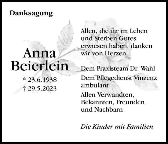 Traueranzeige von Anna Beierlein von Gmünder Tagespost
