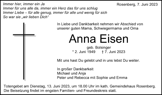 Traueranzeige von Anna Eisen von Schwäbische Post