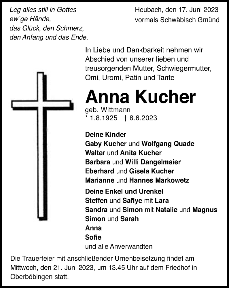 Traueranzeige für Anna Kucher vom 17.06.2023 aus Gmünder Tagespost