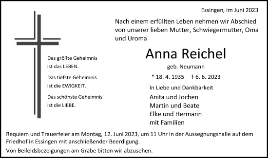 Traueranzeige von Anna Reichel von Schwäbische Post