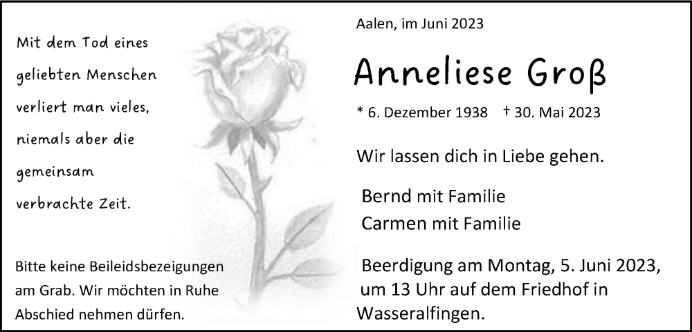 Traueranzeige für Anneliese Groß vom 02.06.2023 aus Schwäbische Post