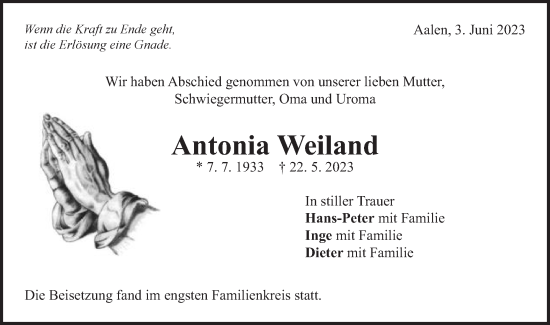Traueranzeige von Antonia Weiland von Schwäbische Post