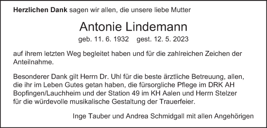 Traueranzeige von Antonie Lindemann von Schwäbische Post