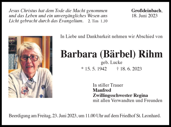 Traueranzeige von Barbara Rihm von Gmünder Tagespost