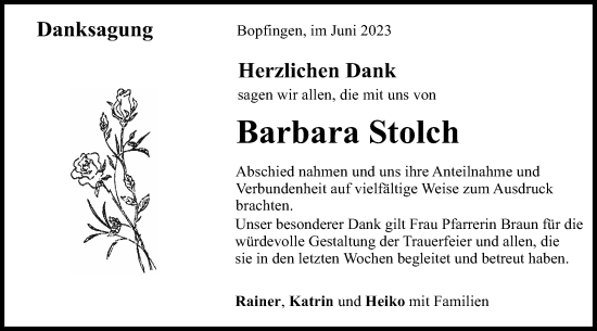 Traueranzeige von Barbara Stolch von Schwäbische Post