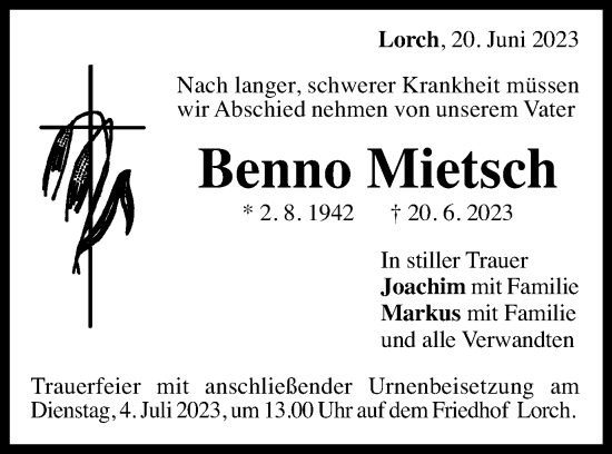 Traueranzeige von Benno Mietsch von Gmünder Tagespost