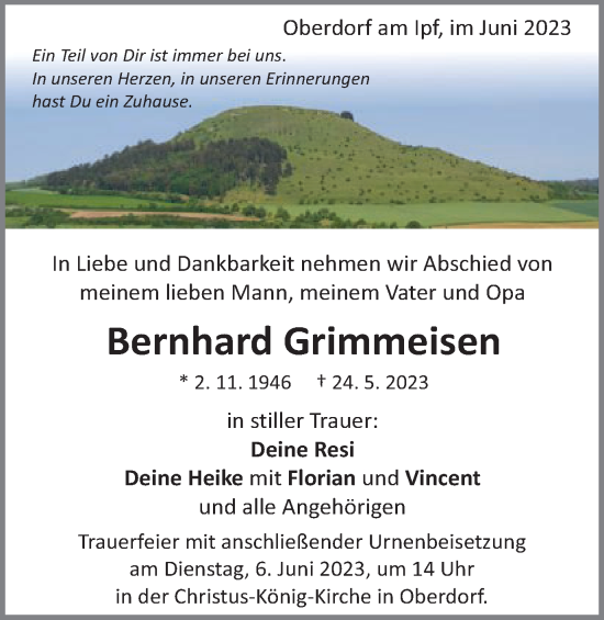 Traueranzeige von Bernhard Grimmeisen von Schwäbische Post