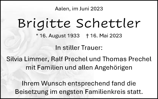 Traueranzeige von Brigitte Schettler von Schwäbische Post