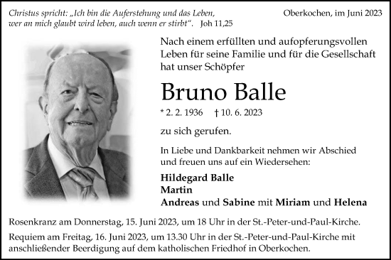 Traueranzeige von Bruno Balle von Schwäbische Post